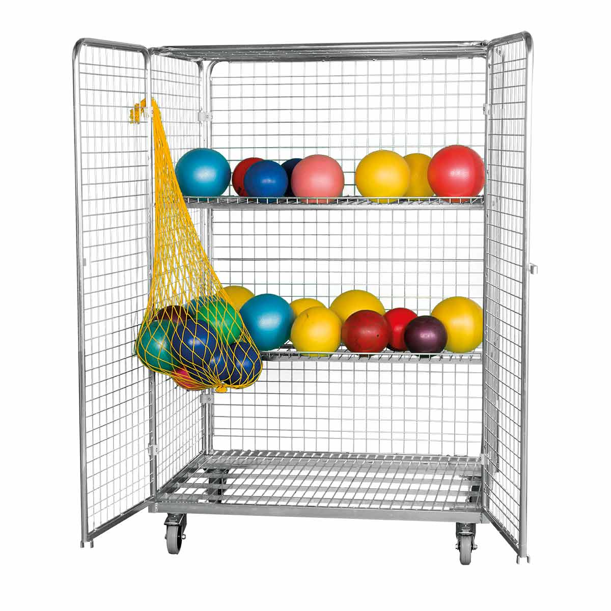 security rolcontainer met deuren en 50x50 mesh stalen bodem legboorden